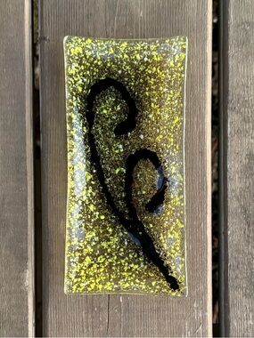 Fused Glass Yellow and White Speckle Black Swirl Decorative Glass Trinket Dish